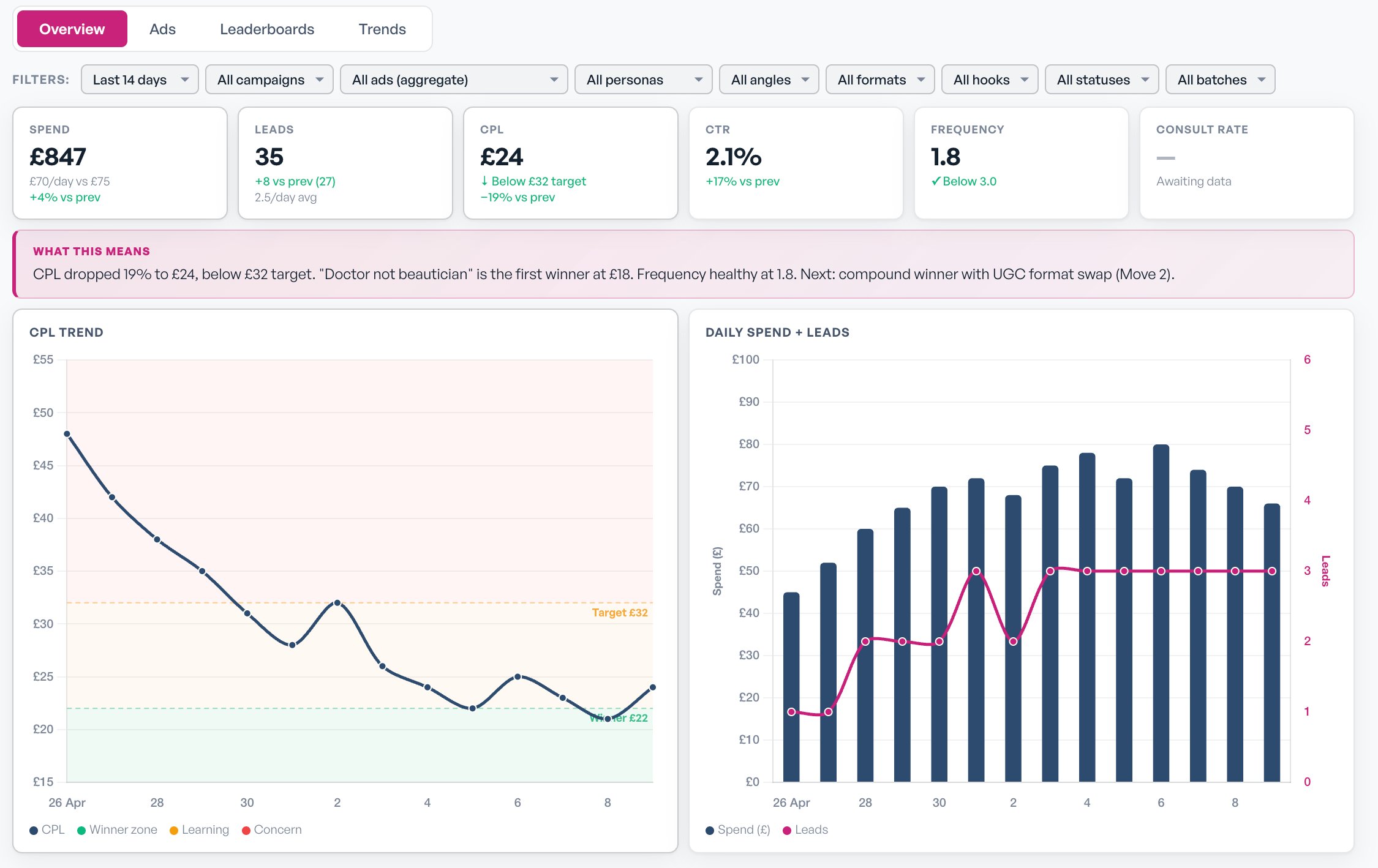 Live reporting dashboard for a local business showing cost per lead, ad spend, leads and creative performance, updated daily